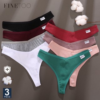 FINETOO 3PCS/Conjunto Calcinha Fio-Dental Algodão Roupa Íntima Feminina Sexy Tanga Cor Sólida Lingerie T-Back Design em Oferta na Shopee