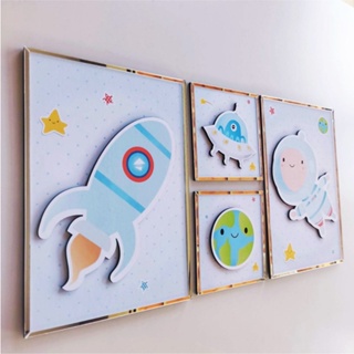 Kit 4 Quadros Decorativos Placas - Espaço - Astronauta - Nave - Infantil Bebê Quarto Menino Menina em Oferta na Shopee