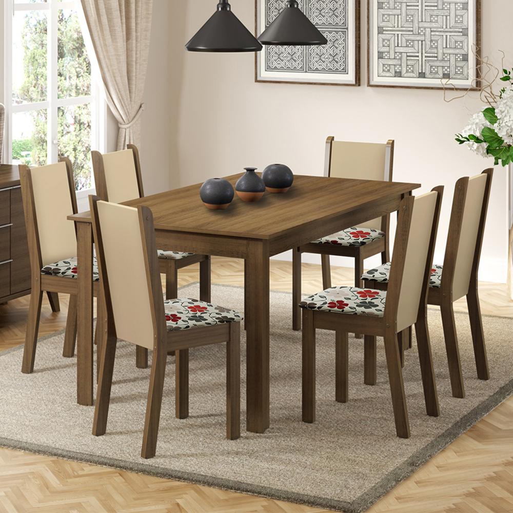 Conjunto Sala de Jantar Madesa Miriam Mesa Tampo de Madeira com 6 Cadeiras - Rustic/Crema/Hibiscos - Home & Living