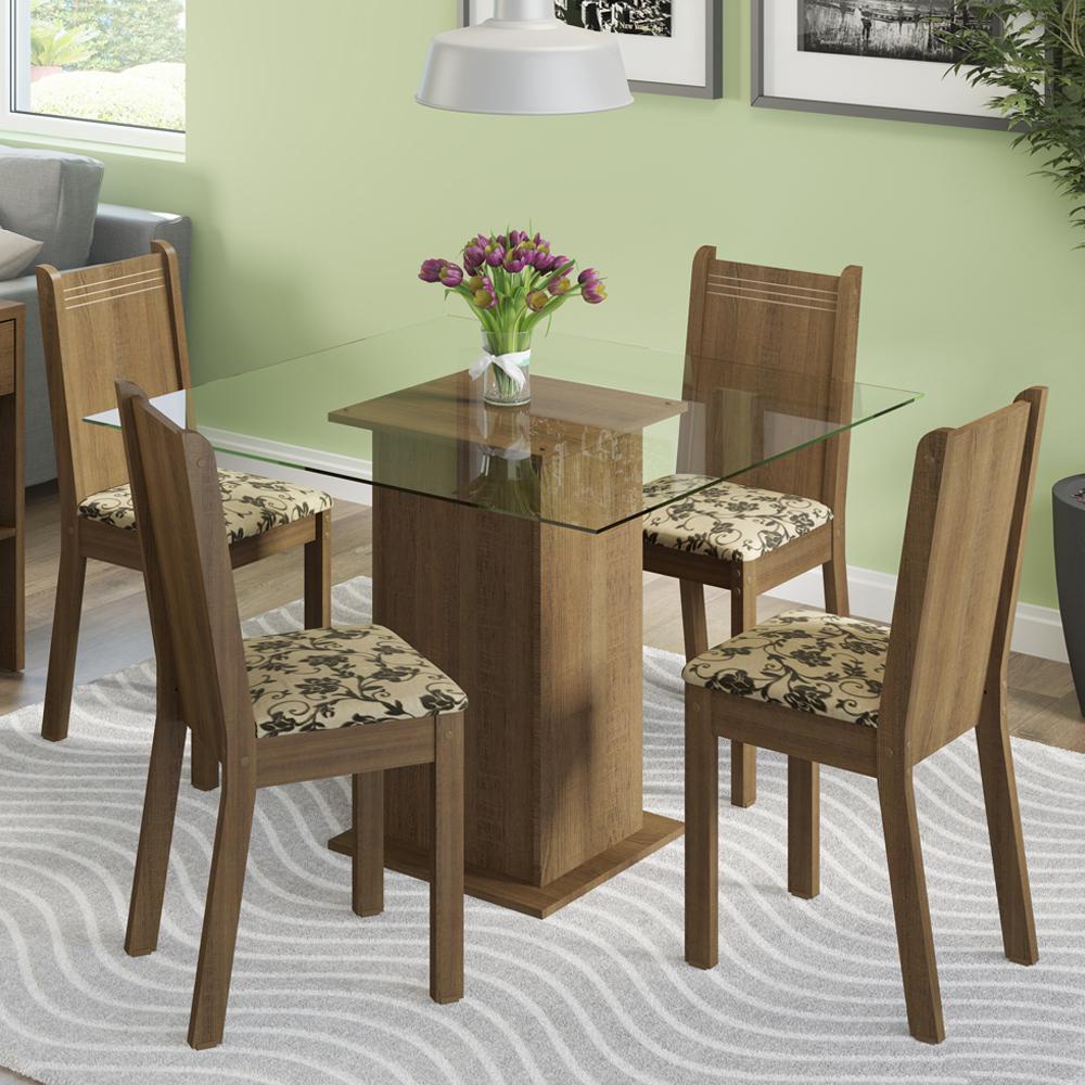 Conjunto Sala de Jantar Madesa Magda Mesa Tampo de Vidro com 4 Cadeiras - Rustic/Bege Marrom - Home & Living