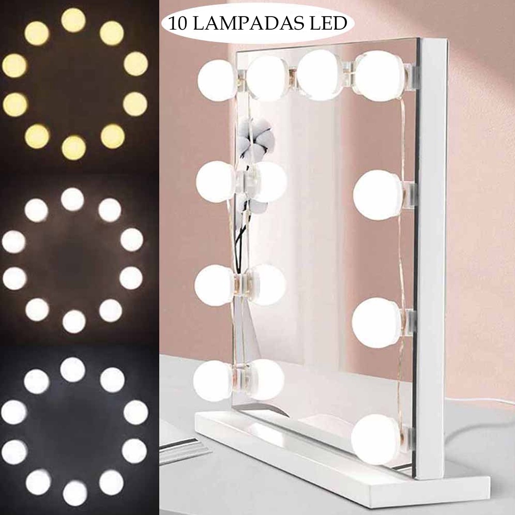 Luminária Camarim Luz de Espelho Penteadeira Led Branca Maquiagem Cômoda 10 Lâmpadas LED