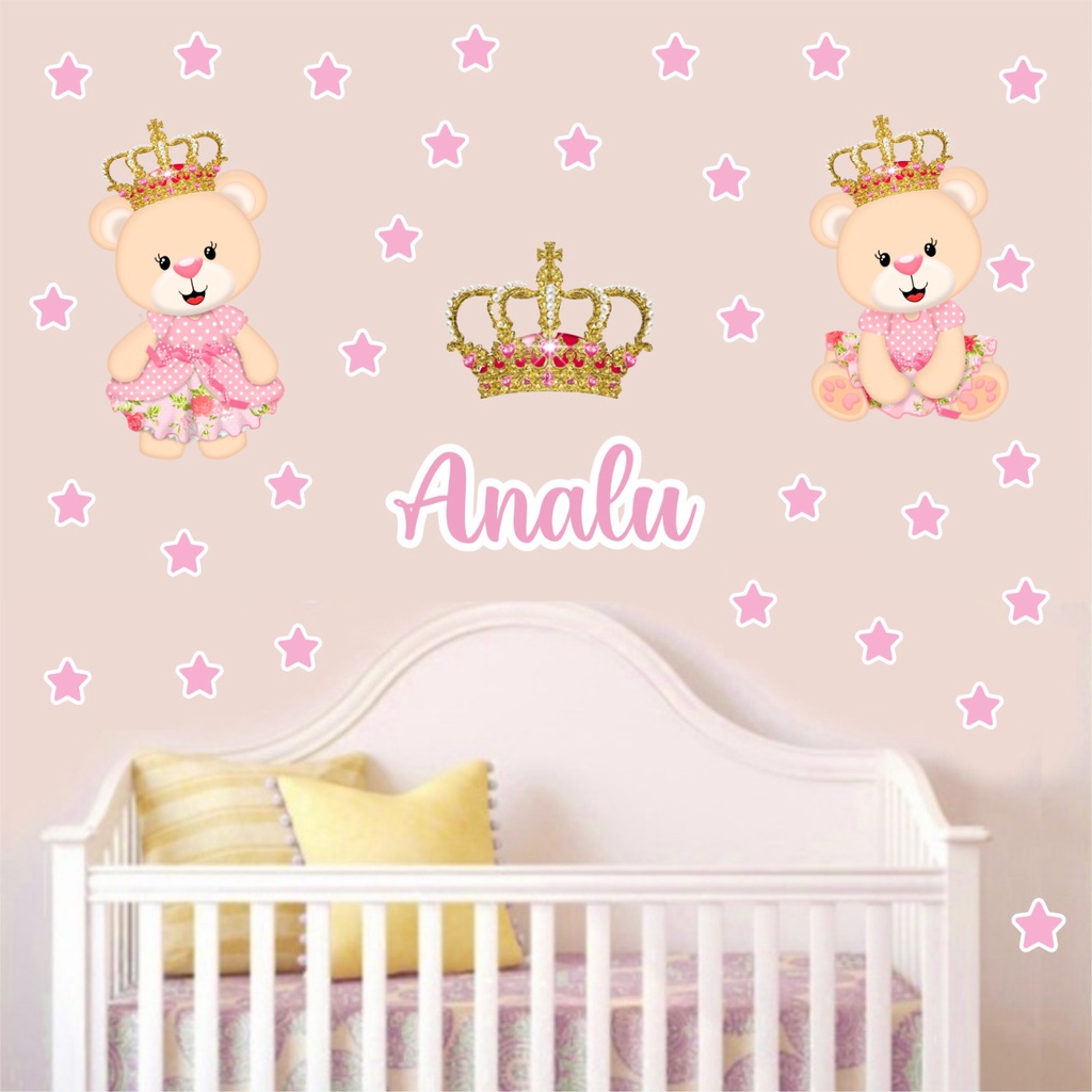 Kit Adesivo de Parede Ursinha Princesa Nome Personalizado - Papel de Parede Menina - Adesivo de Parede Infantil