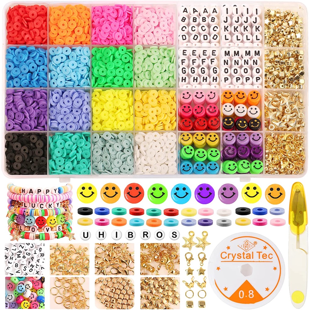 5800 Pcs Kit De Contas De Argila Para Fabricação De Joias Com 200 Letra 100 Sorridentes Rosto Miçangas Planas Polímero Heishi Beads Artes E Artesanato , Presentes Garotas 6mm 16 Cores