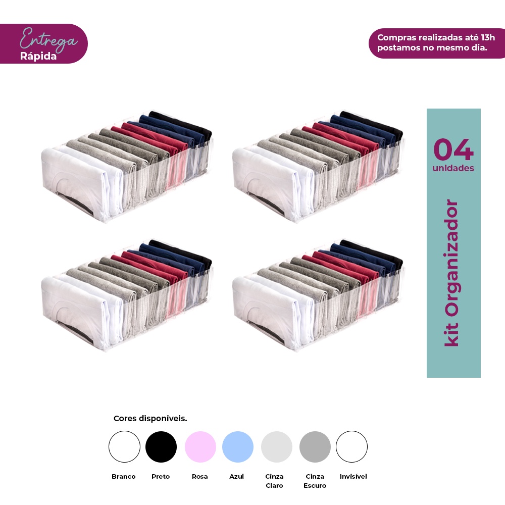 Kit com 4 Organizadores para Gaveta,Closet Armários10x40x25