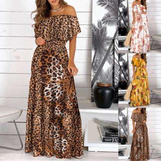 Vestido Feminino Longo Boêmio Verão Flor Borboleta Estampa Leopardo Ruffled Off-The-Shoulder Lace-Up Estampado
