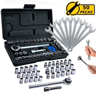 Kit Jogo Ferramentas 50 Peças Com Chave Combinadas Várias Medidas Chave Catraca Reversível Soquetes em Oferta na Shopee