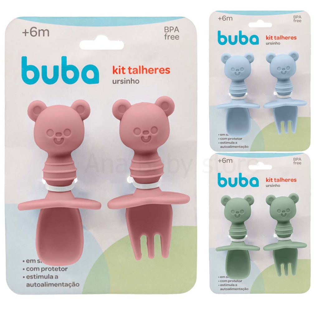 Kit Talheres Infantil Com Ursinho De Silicone Buba Menino Menina INtrodução Aimentar em Oferta na Shopee