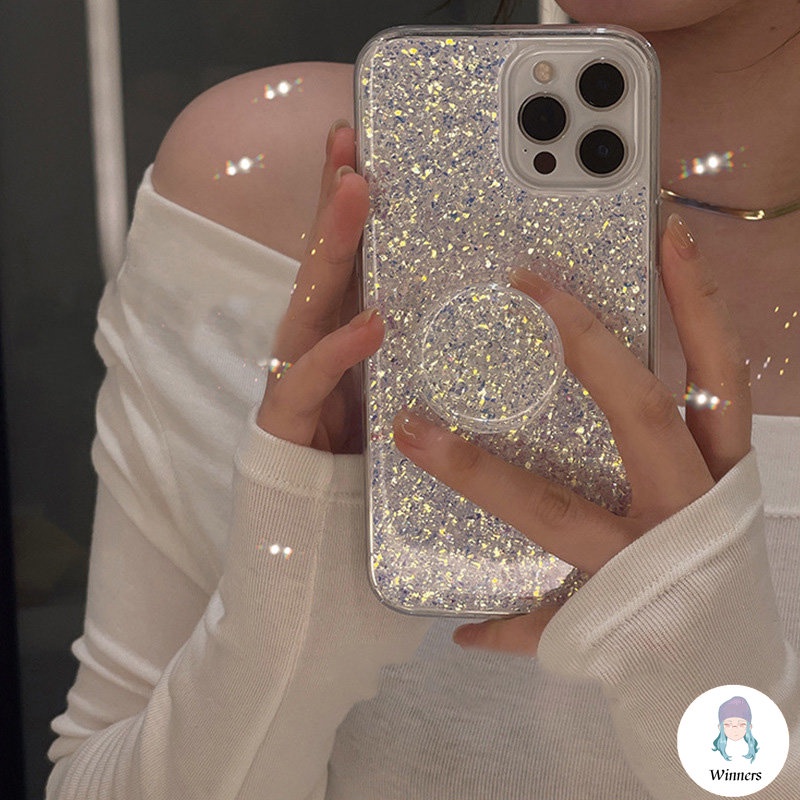 INS Glitter Flash Stand Holder Capa De Telefone Compatível Com IPhone 17 16 15 14 13 12 11 Pro Max XS XR 8 7 Plus Suport
