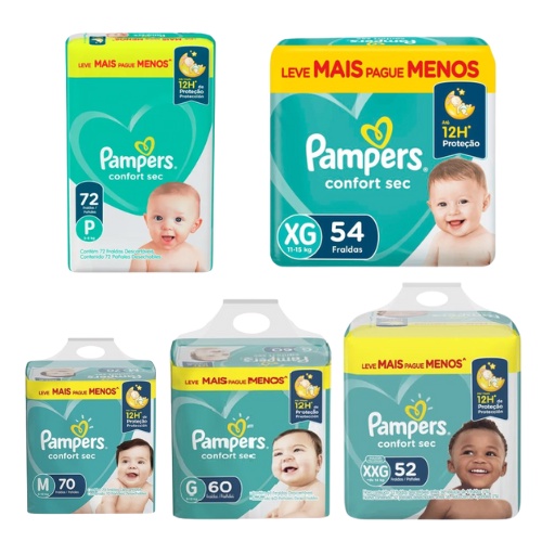 Fraldas Pampers Confort Sec Bag Proteção 12 horas (Todos os Tamanhos)