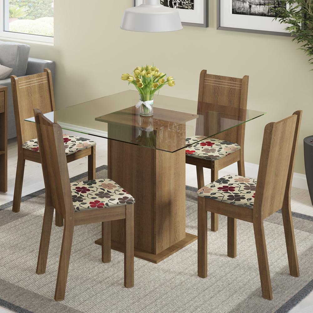 Conjunto Sala de Jantar Madesa Magda Mesa Tampo de Vidro com 4 Cadeiras - Rustic/Hibiscos - Home & Living