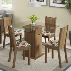Conjunto Sala de Jantar Madesa Magda Mesa Tampo de Vidro com 4 Cadeiras - Rustic/Hibiscos