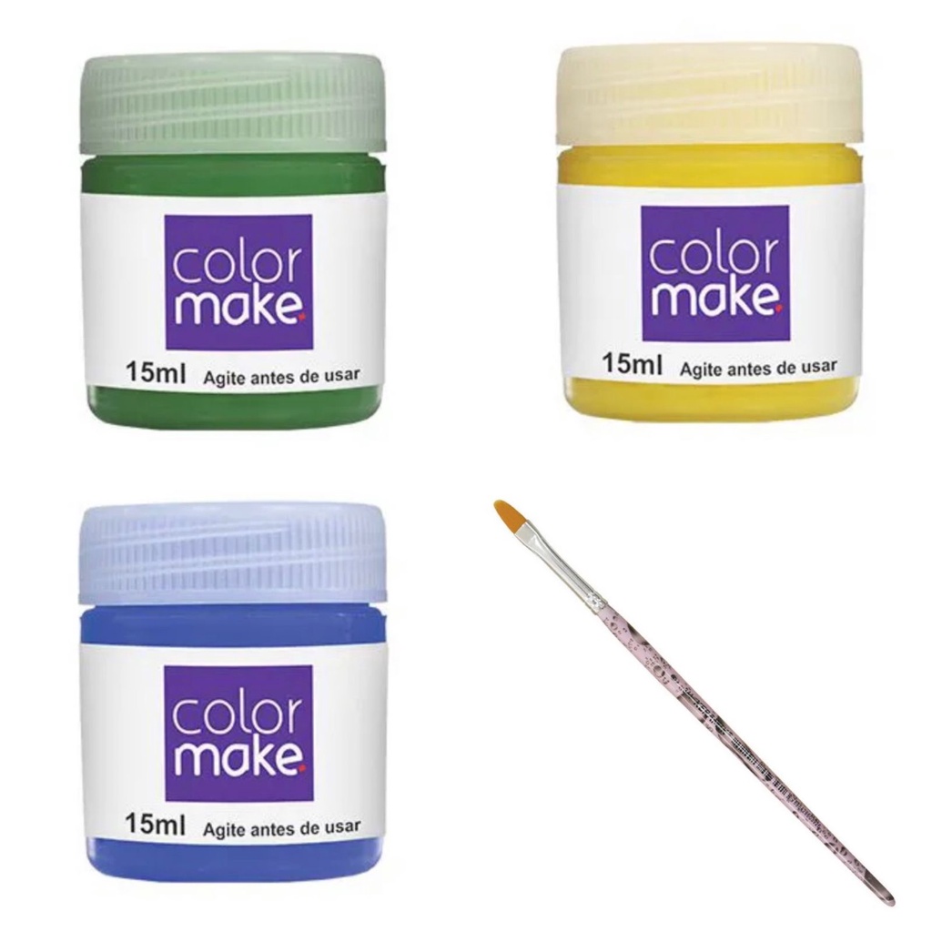 Kit Copa Tinta Liquida Facial Colormake 15ml C/ 4 itens (Verde/Amarelo/Azul +Pincel tam.6)