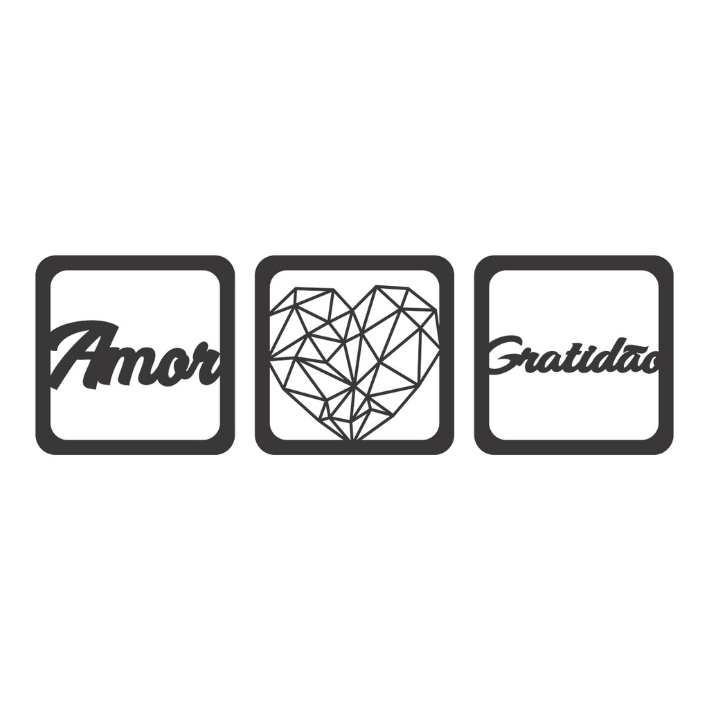 Quadro Decorativo Trio Amor E Gratidão 3 Peças C Dupla Face 3m Em Mdf Vazado De 3mm Preto 0458