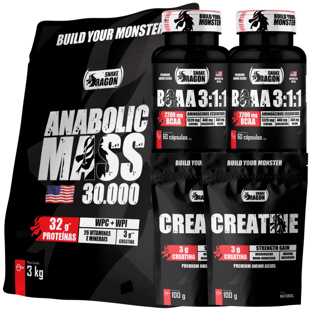 Kit Hipercalórico Anabolic Mass 30000, 3Kg c/ Creatina + x2 Creatina Snake Dragon 100g + x2 BCAA 3:1:1 60 Cápsulas