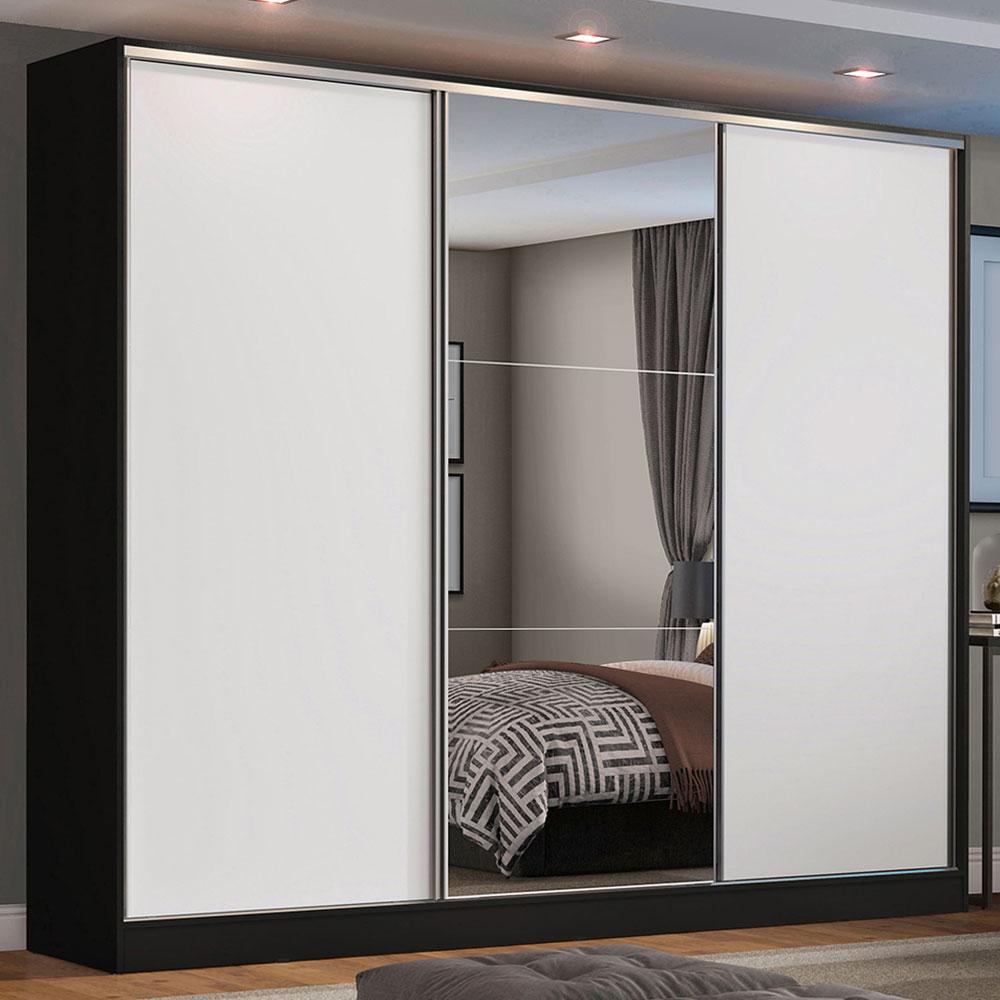 Guarda Roupa Casal 100% MDF Madesa Zurique 3 Portas de Correr com Espelho - Preto/Branco