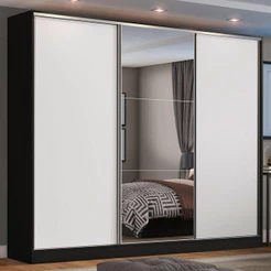 Guarda Roupa Casal 100% MDF Madesa Zurique 3 Portas de Correr com Espelho - Preto/Branco