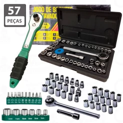 Kit Jogo Ferramentas 57 Peças Chave Catraca Reversível Soquetes Canhão Bits Multiuso Geral Top
