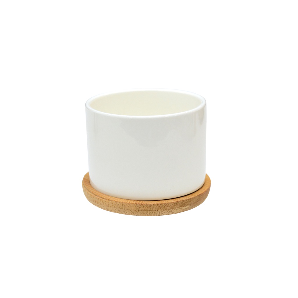 Cachepot Redondo De Porcelana Branco Base Bambu