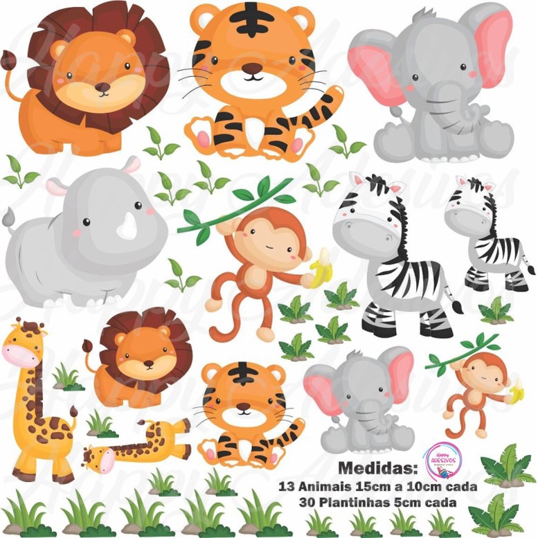 Kit de 43 Adesivos de Recorte Animais Safari + Plantinhas Adesivo Parede Decoração Quarto Infantil em Oferta na Shopee