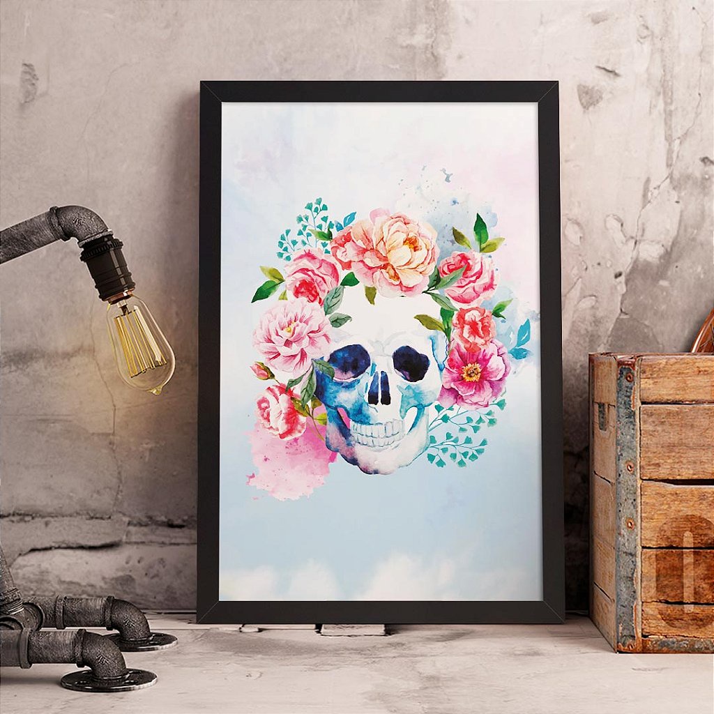 Quadro Decorativo Caveira Mexicana Floral Rosa e Azul