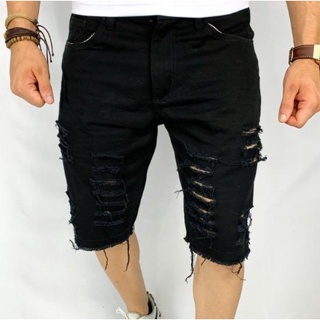 Bermuda Jeans Masculina Rasgada Sarja Destroyed Desfiada Preta direto da fabrica em Oferta na Shopee