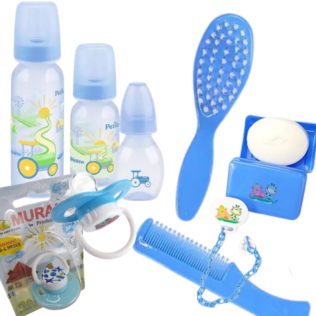 kit 3 mamadeira + kit banho + chupeta infantil bebe