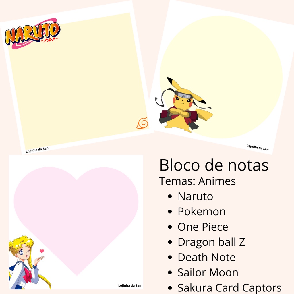 Bloco de notas de Animes , papelaria fofa kwaii, naruto, pokemon, goku, death note, one piece, sailor moon, luapo *11