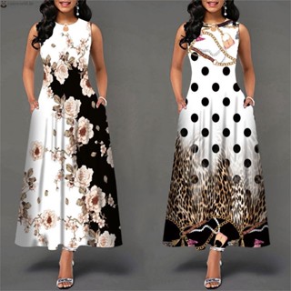Vestido Feminino De Estampa Bainha Decote Redondo Estilo Boho Sem Mangas Roupas De Verão