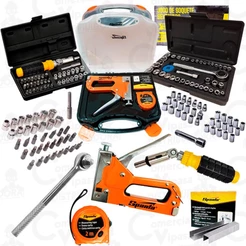 Kit Jogo De Ferramentas 84 Peças Manuais Chave Catraca Articulada Soquetes Bits Grampeador Trena