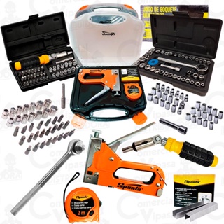 Kit Jogo De Ferramentas 84 Peças Manuais Chave Catraca Reversível Soquetes Canhão Grampeador Trena em Oferta na Shopee