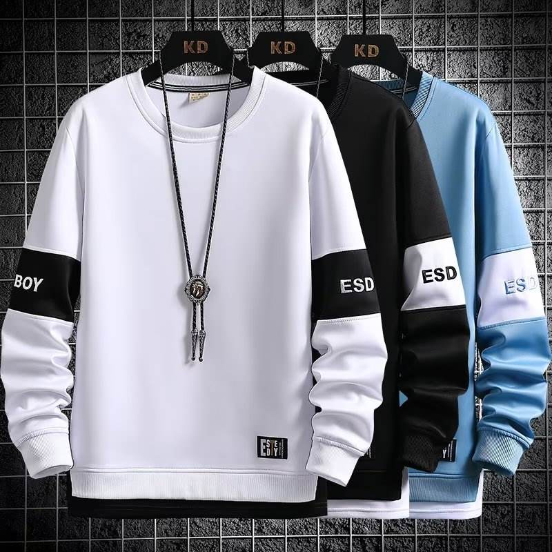 Inverno Fino Coreano Estilo Moda Masculina Gola Redonda Manga Longa Lisa Camiseta Larga Casual Blusa Branca Preta Roupas