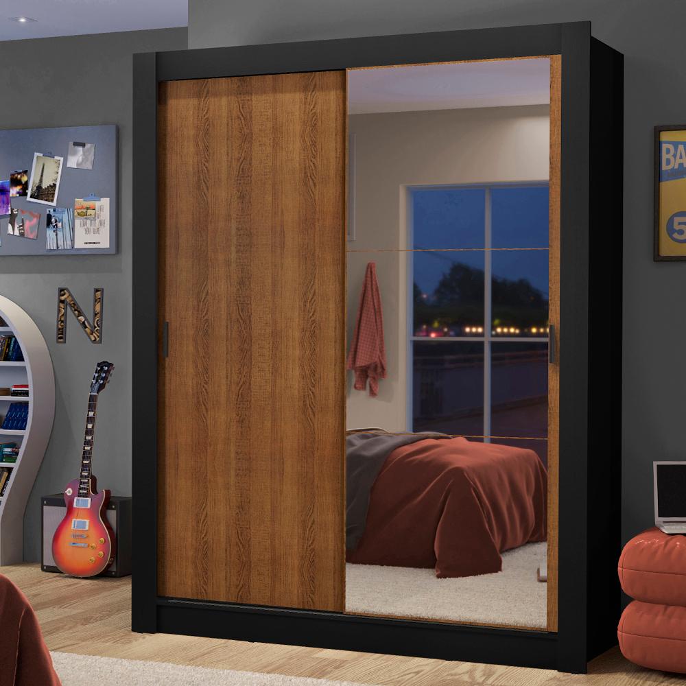 Guarda-Roupa Solteiro Madesa Dallas 2 Portas de Correr com Espelho 2 Gavetas - Preto/Rustic em Oferta na Shopee