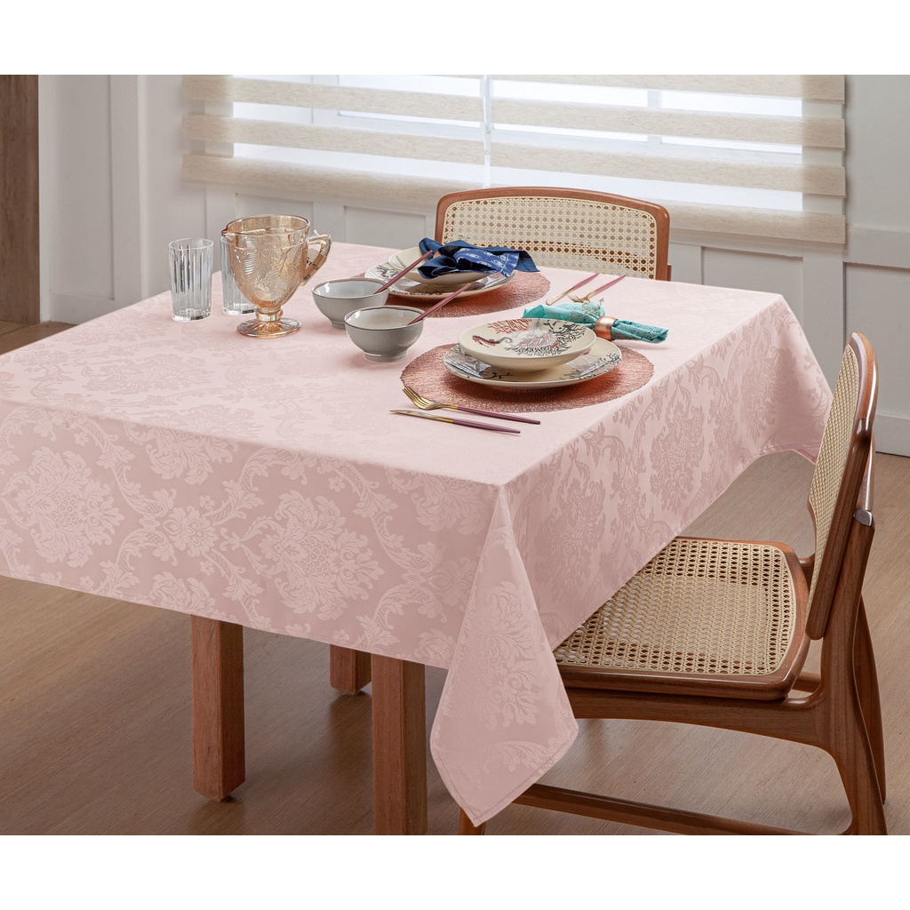 Toalha de mesa retangular 6 lugares para sala de jantar tecido jacquard rosê luxo viena