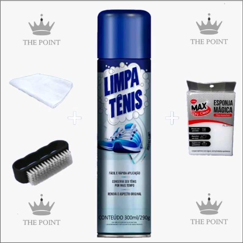 1 Lata de Limpa Tênis Limpeza A Seco Espuma Limpadora, 1 Espuma Mágica, 1 Escovinha e 1 Flanela Branca