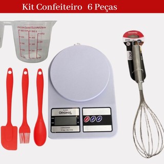 Confeiteiro Kit 6 itens Balança Digital 10k + Jarra Medidora 500 ml+ Batedor Fuê de Claras + 3 Espátulas Pão Duro
