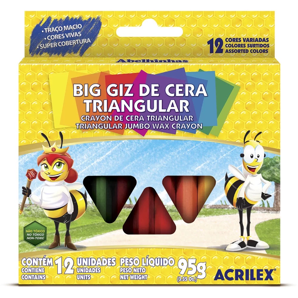 Big Giz de Cera Grosso Triangular Acrilex 12 Cores - Jumbo - Não Rola Na Mesa