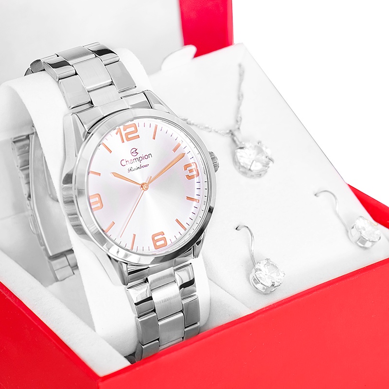 Relógio Champion Feminino Prata Prova D´Agua + Kit de Brincos e Colar Garantia De Um Ano CN29893Q - Watches