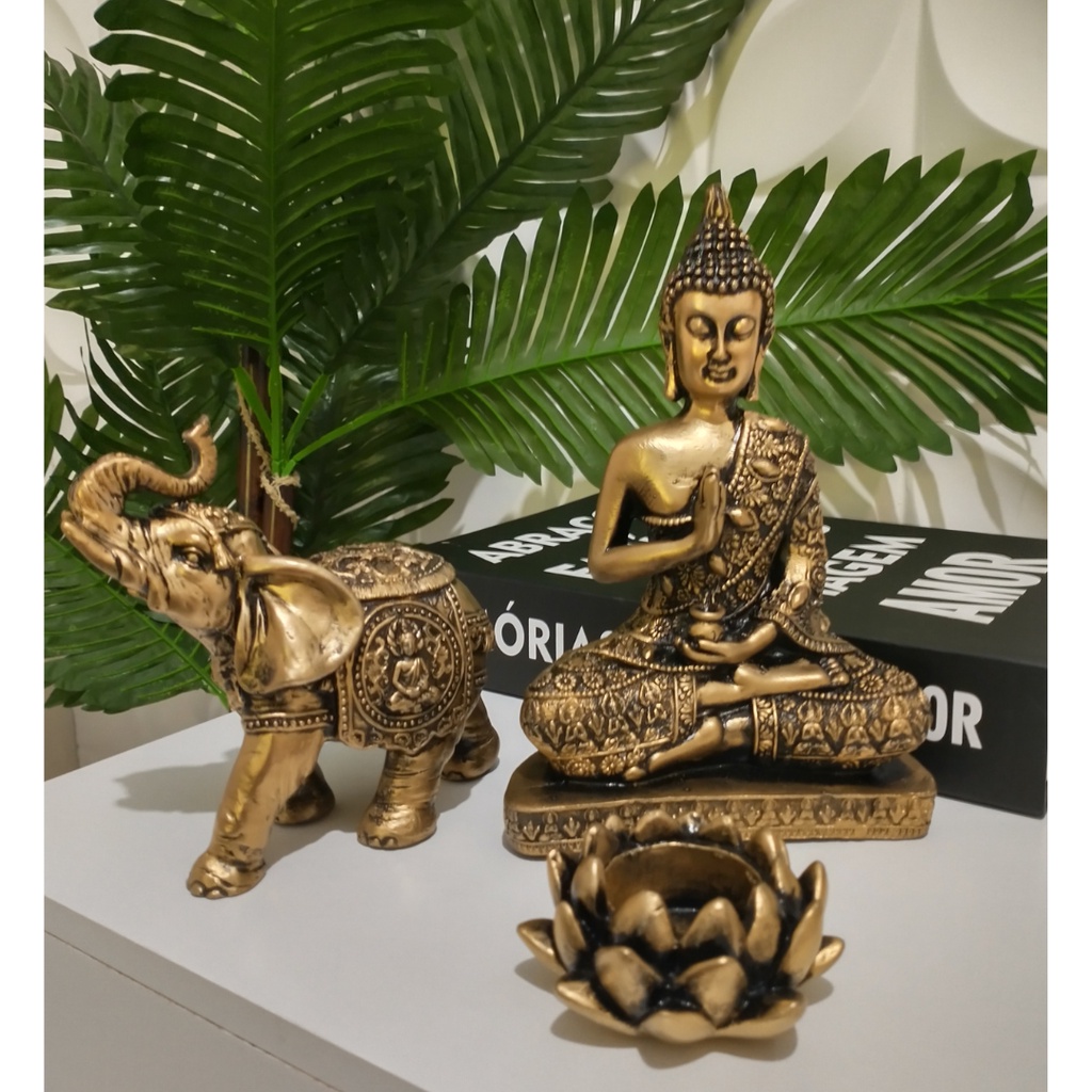 Imagem Kit Estátua De Buda Hindu Chakras + Castiçal Flor De Lotus + Elefante Indiano Da Sorte Kit 3 Peças Decoração Dourado Prata