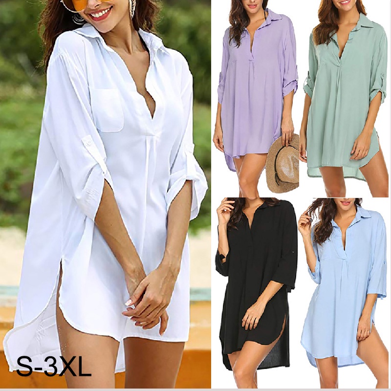 Camisa saida de praia camisao feminino plus size manga longa branco preto