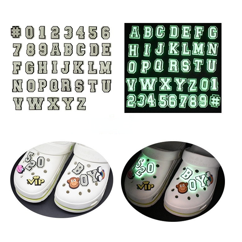 1 Peça Amuletos De Sapato De Desenho Animado Letras Luminosas Pretas E Brancas Az Números 0-9 DIY Tamancos Acessórios Ca