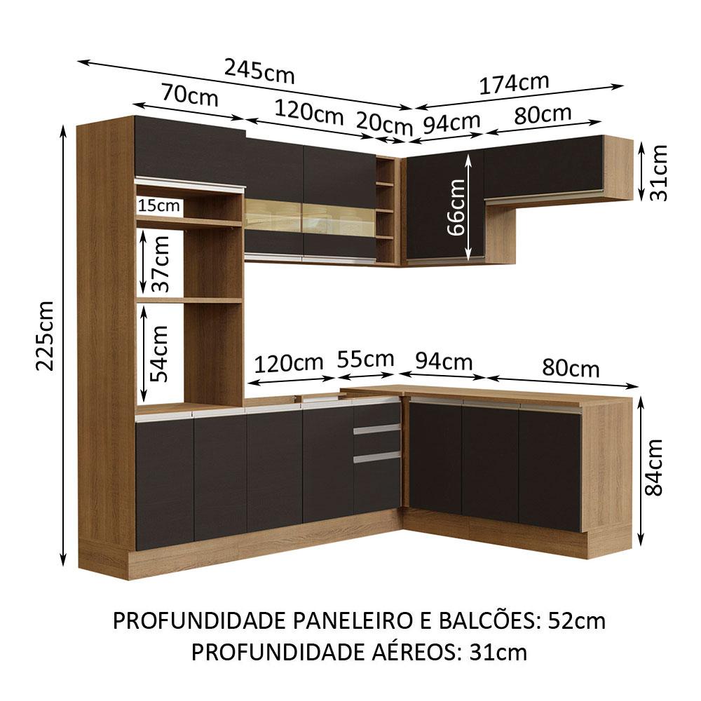 Detalhes do Cozinha Completa de Canto Madesa Glamy 419001 com Armário e Balcão (Sem Tampo e Pia) - Rustic/Preto