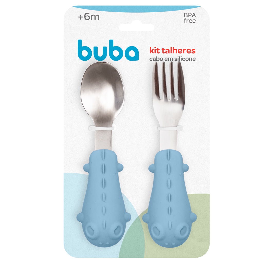 Kit Talheres Infantil Cabo Em Silicone Azul 15819 - Buba - Mom & Baby