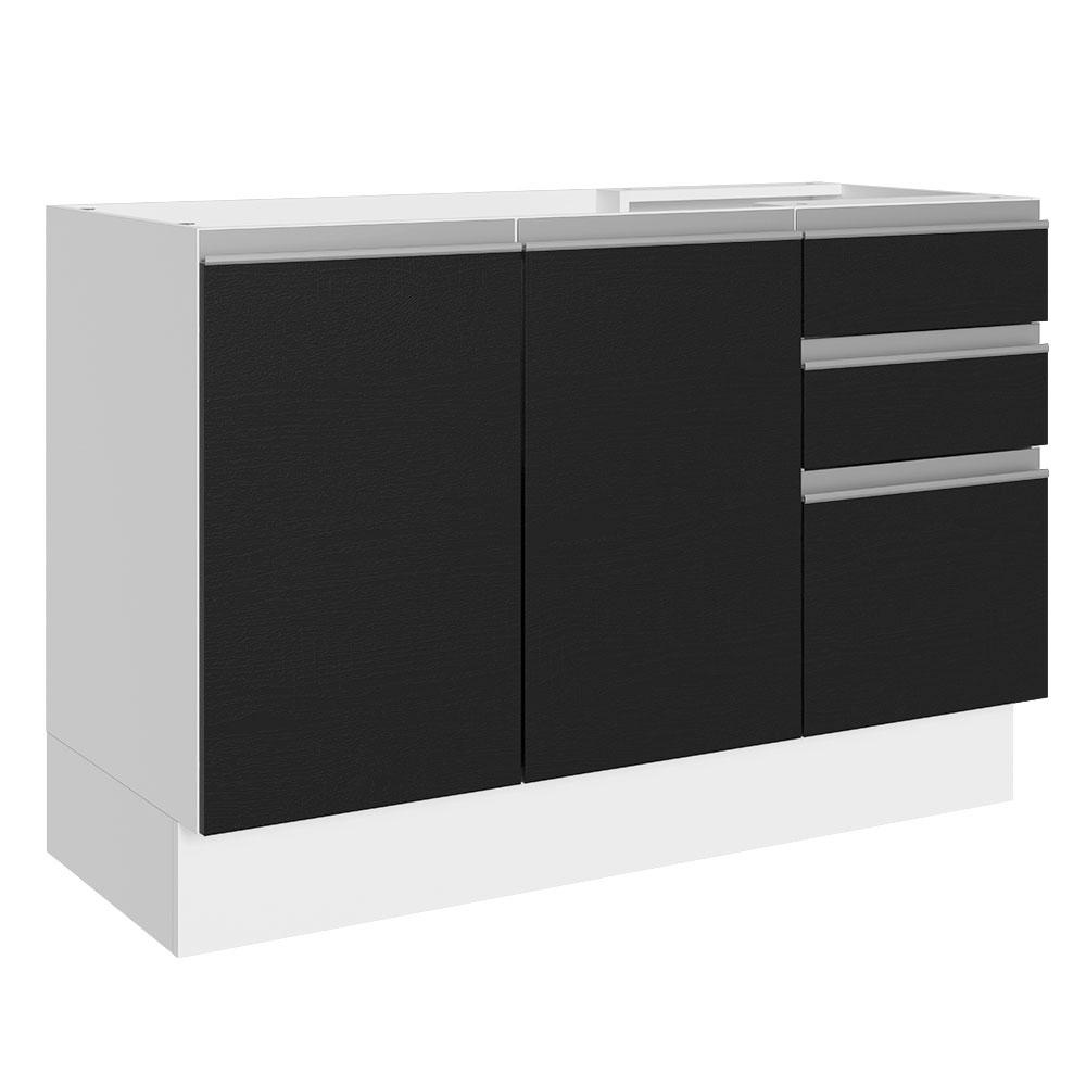 Balcão Gabinete de Pia Cozinha 100% MDF 120 cm 3 Portas 2 Gavetas Branco/Preto Acordes Madesa - Home & Living