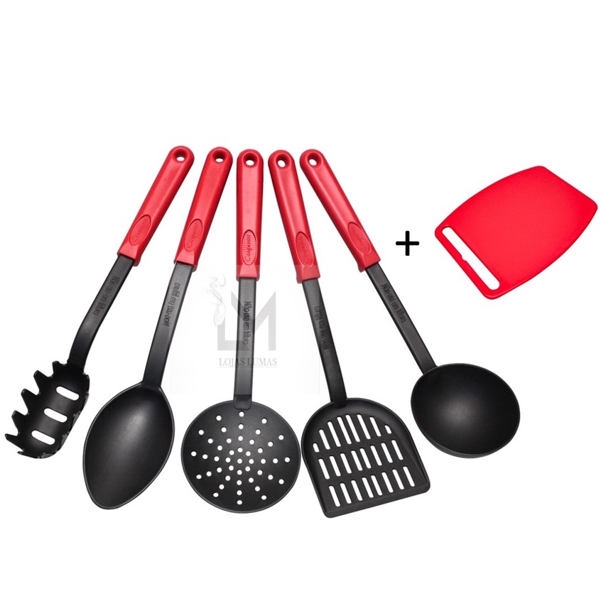 Kit Utensílios de Cozinha 5 Peças Nylon Vermelha, Branca, Menta ou Rosa + Tábua de Corte