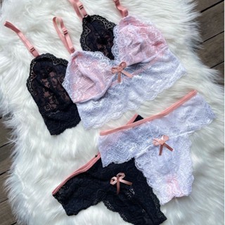 Conjunto Feminino Lingerie Em Renda Sutiã Sem Bojo Com Forro Calcinha Bicolor