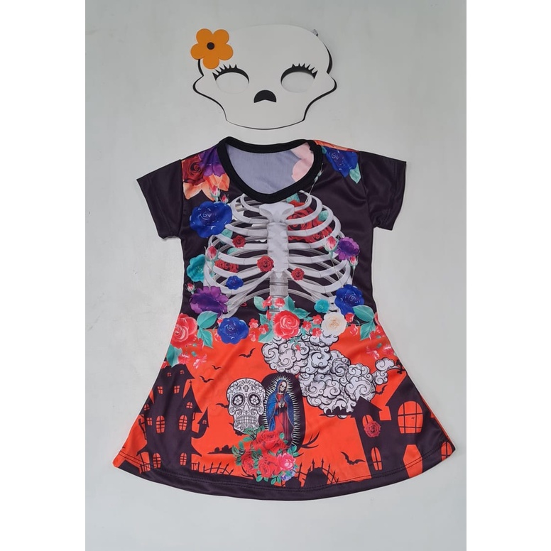 Fantasia Infantil Caveira Mexicana Santa Muerte Festa Fantasia Carnaval Halloween