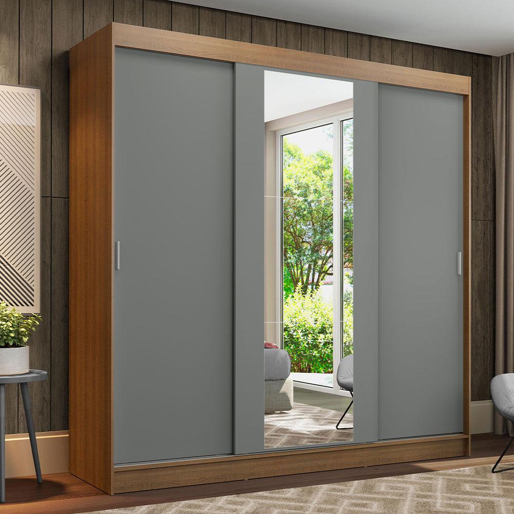 Guarda-Roupa Casal Madesa Reno 3 Portas de Correr com Espelho - Rustic/Cinza - Home & Living