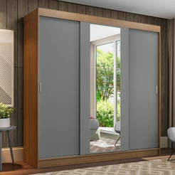 Guarda Roupa Casal 3 Portas de Correr com Espelho Rustic/Cinza Madesa Reno