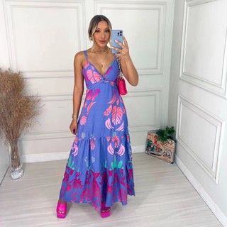 Vestido longo Feminino Estampado Decote V Alcinha cod. 029