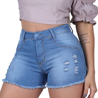 Short Jeans Feminino com Laycra Laicra Escuro Claro Navalhado Cintura Alta Cós Alto roupa